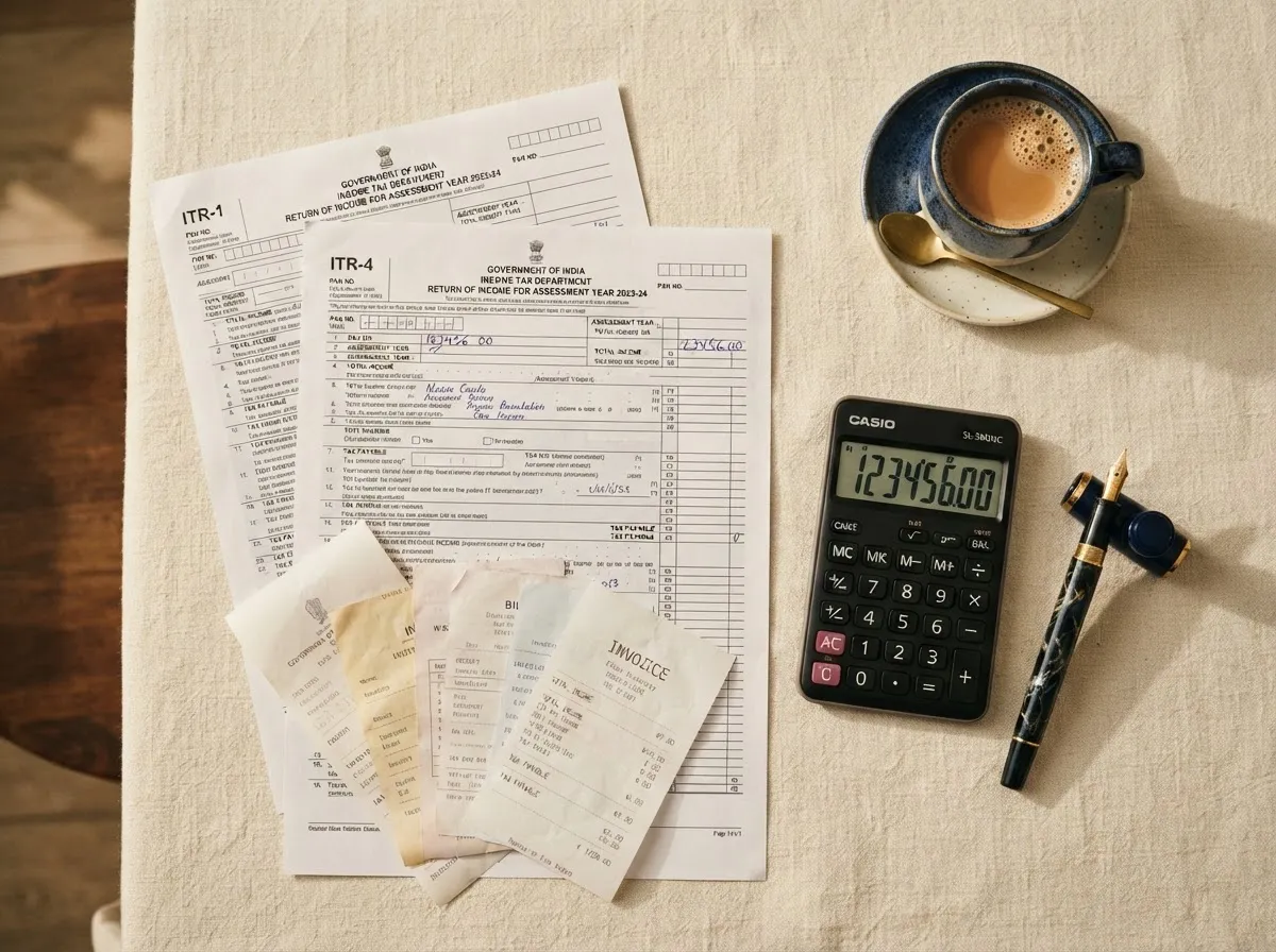 Calculator, tax forms and a cup of tea on a desk